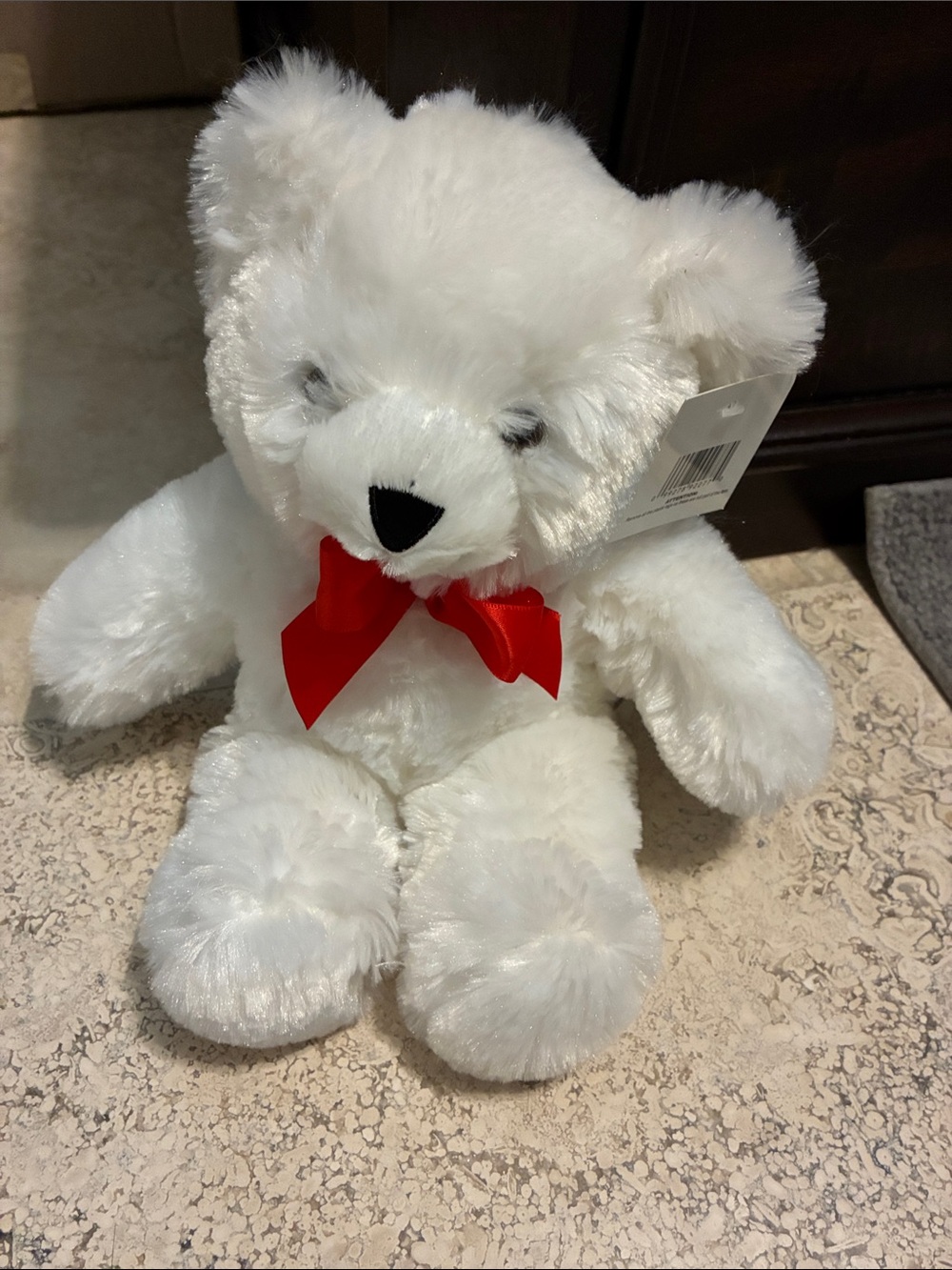 White Plush Teddy Bear with Red Bow - Soft Kids Toy